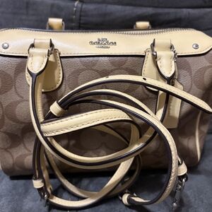 Coach Signature Canvas Satchel with Light Tan Leather Trim